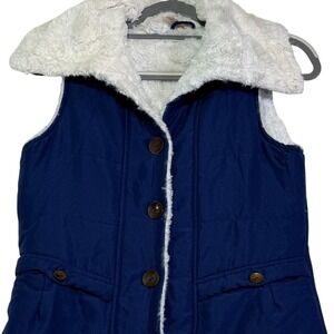 Red‎ Camel Vest Womens Small Blue Faux Fur Trimmed Sleeveless Padded Button